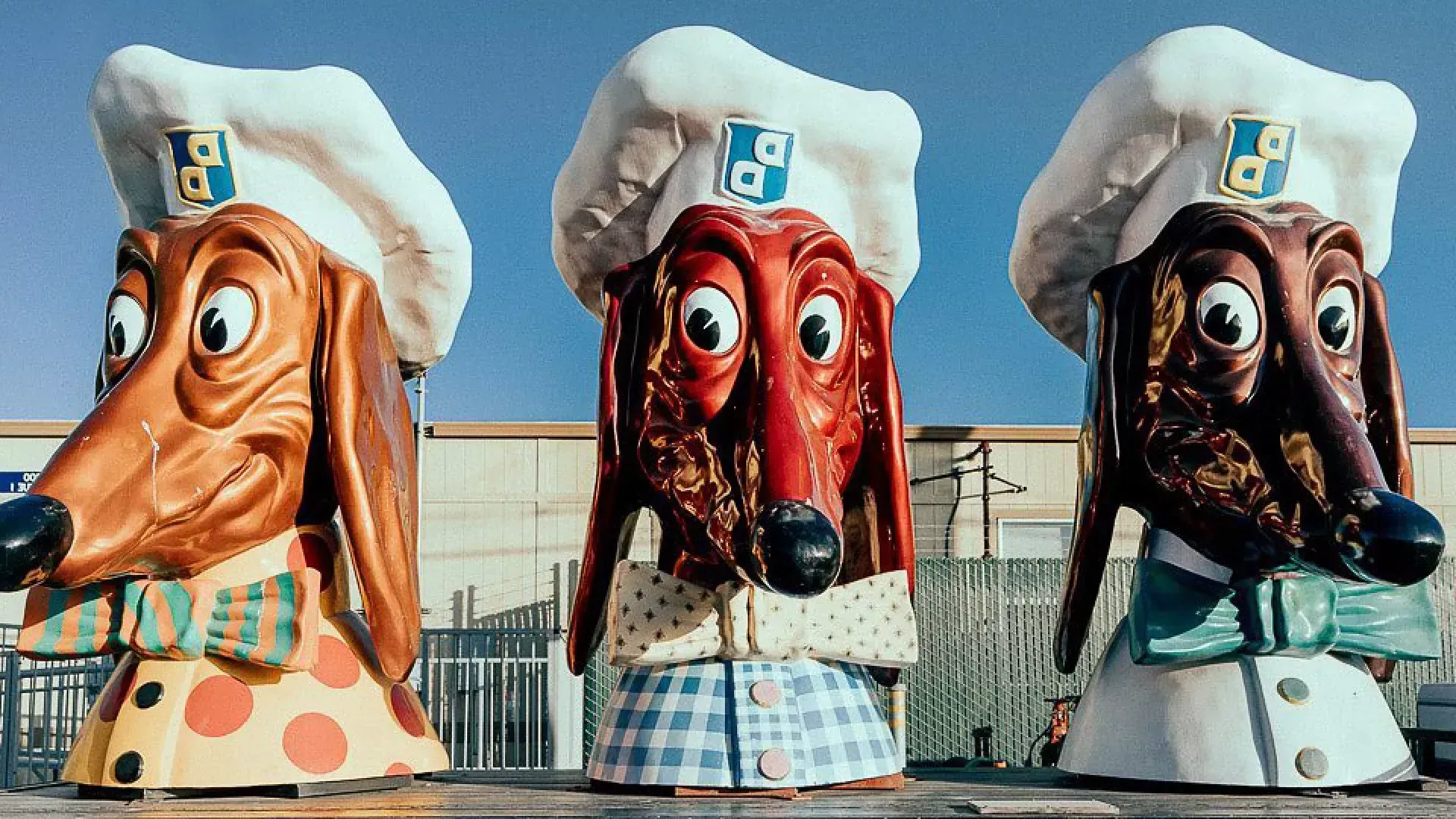 三个著名的Doggie Diner的头被展出。.