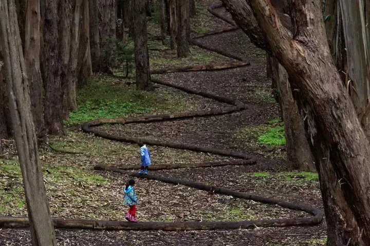 两个孩子走在贝博体彩app普莱西迪奥的一条弯弯曲曲的小路上。
